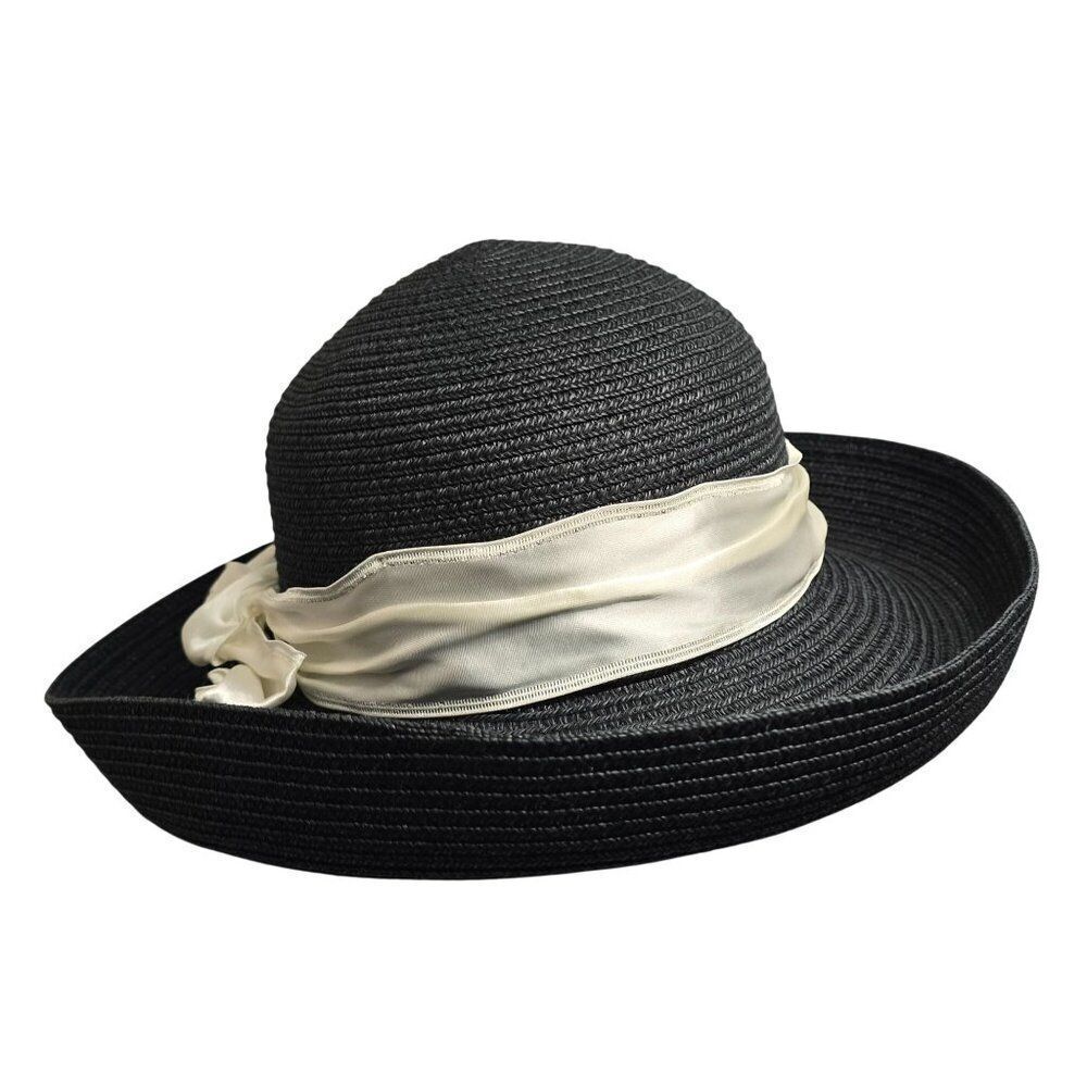 Betmar New York Black Wide Brim Hat With Ivory Satin Ribbon derby spring elegant